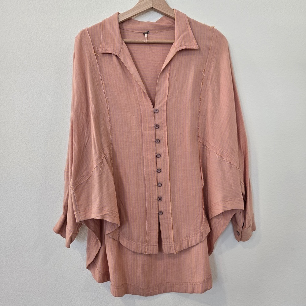 Free People Striped Orange Boho Oversized Button Down Size XS